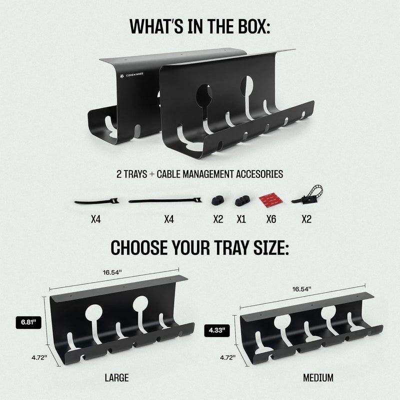 COREMINDED No-Drill Under Desk Cable Management Tray - 2-Pack Wire Organizer for Standing Desk - Cord Management System with Power Strip Holder - L - Image 2